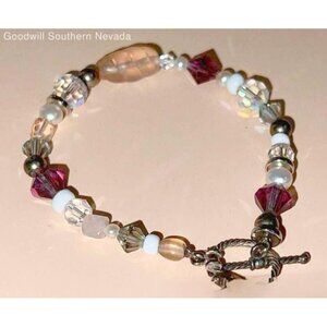 Sterling Silver Crystal Beaded Bracelet Crystals Pearls Toggle Clasp 6.25" 9.42g